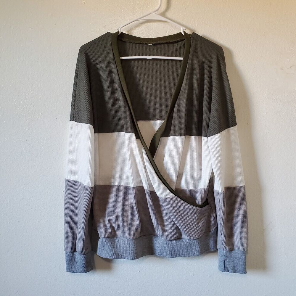 Faux Wrap Blouse Top Womens M Gray White Stripe Waffle Knit Long Sleeve Pullover